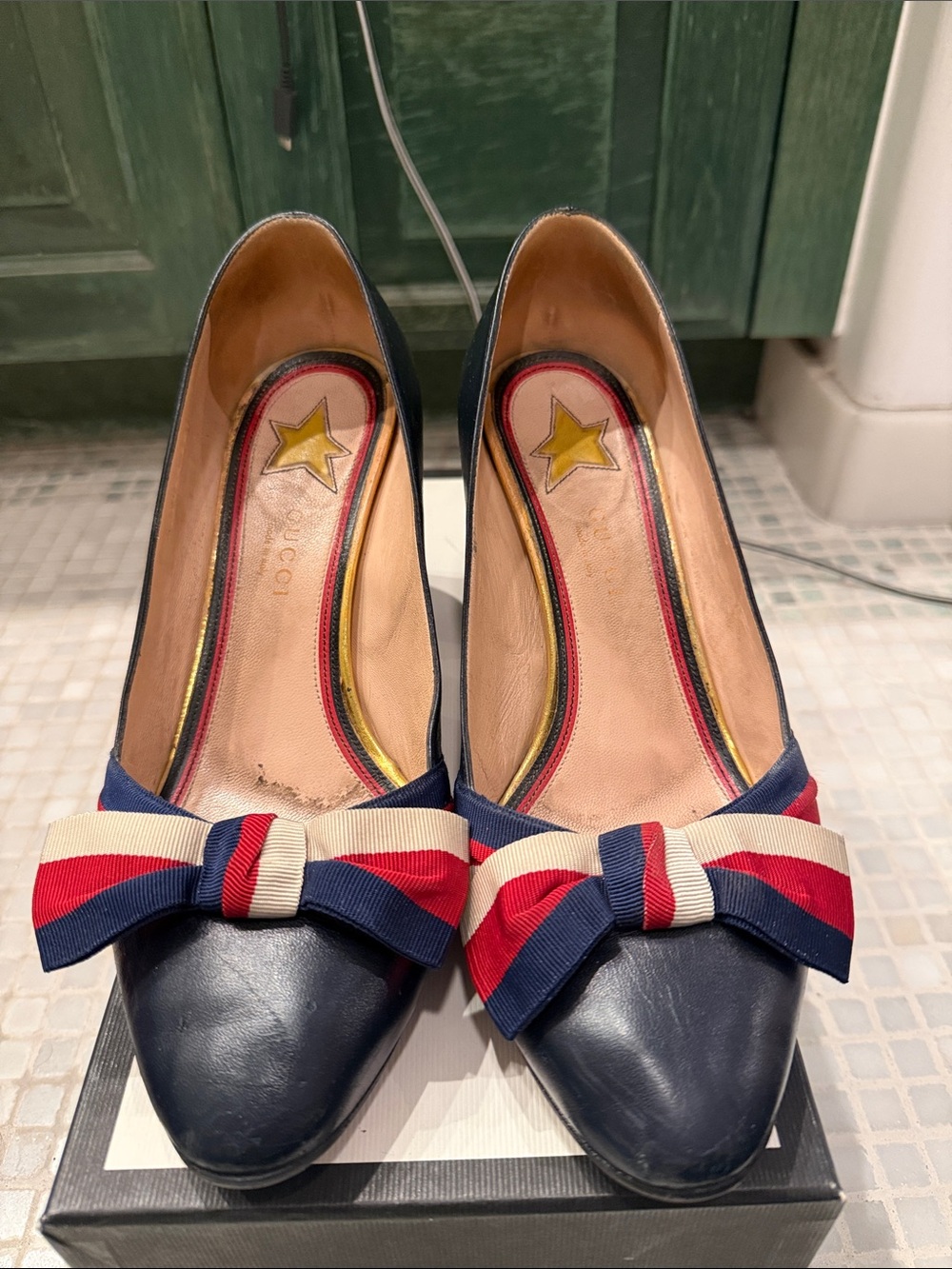 Gucci Aline Block Herl Pumps with Red, White & Blue Grosgrain Bow
